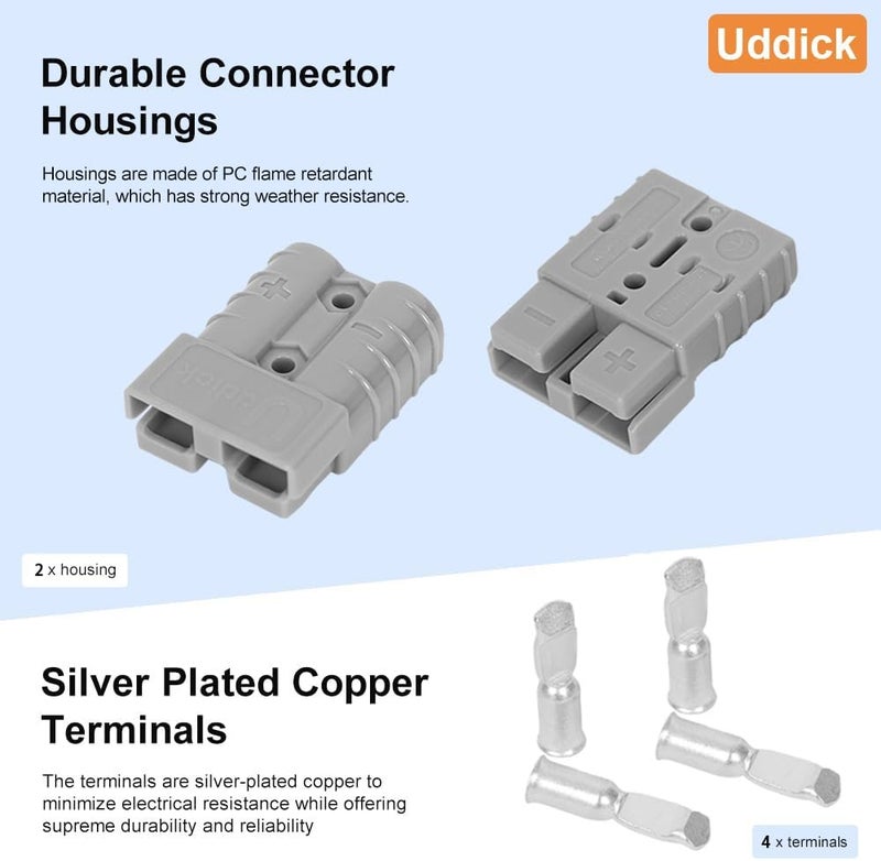 Uddick 2pcs 50Amp Battery Quick Disconnect, 10-12AWG Cable Connector, Quick Connect Plug for Towing Winch, 12-24V, Grey - Image 3